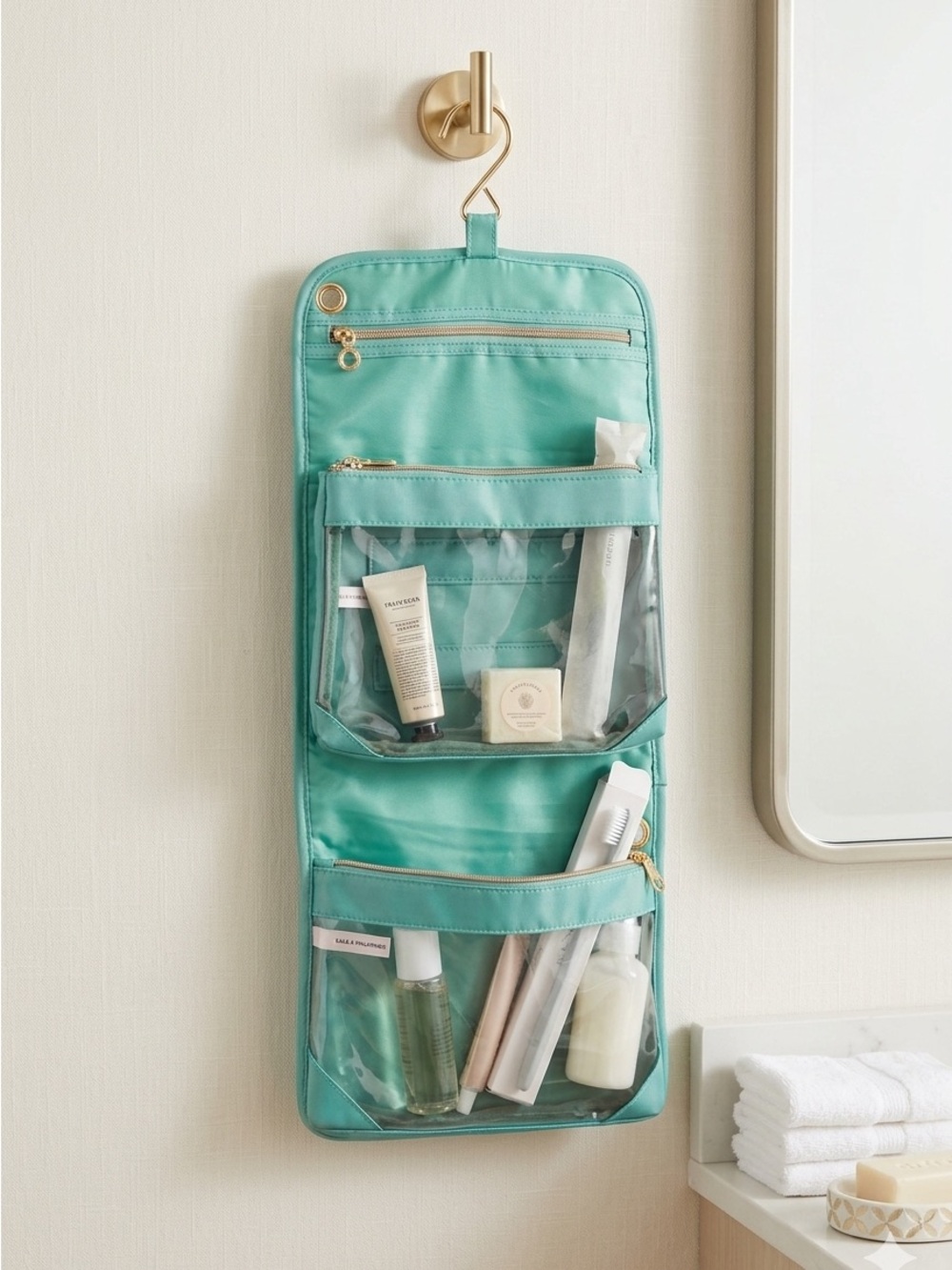 Trina Aqua Fold-Over Hanging Travel Cosmetic Bag Mint Green